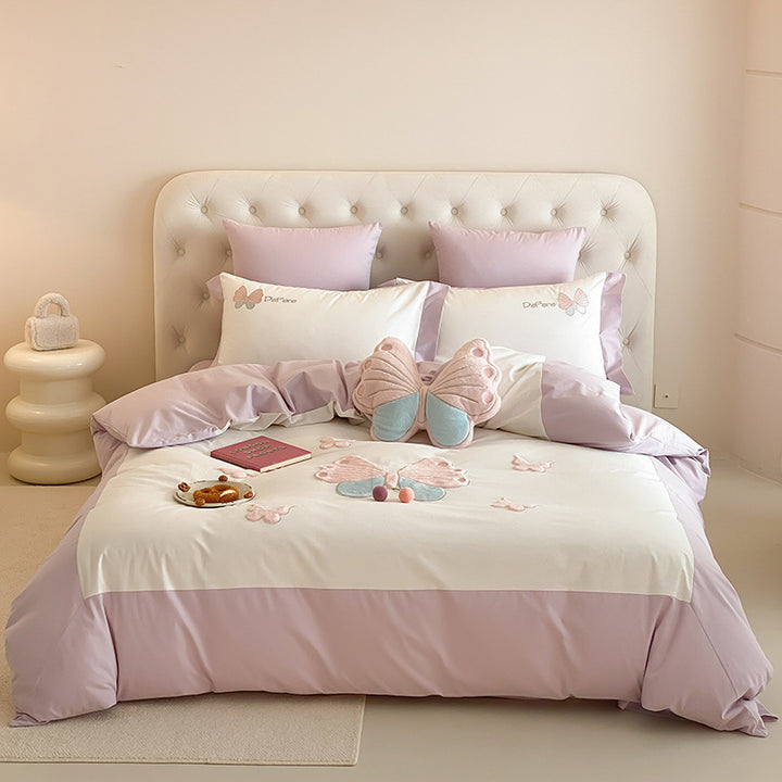 Butterfly Embroidered Cotton Sateen Duvet Cover Set with Decorative Shams and Plush Accent Pillow