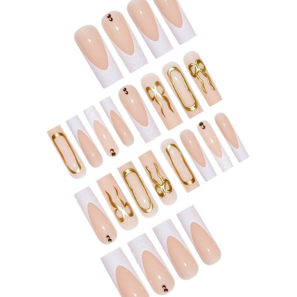 Artistic 3D Press-On Nail Set with Decorative Gold Accents Stornfield
