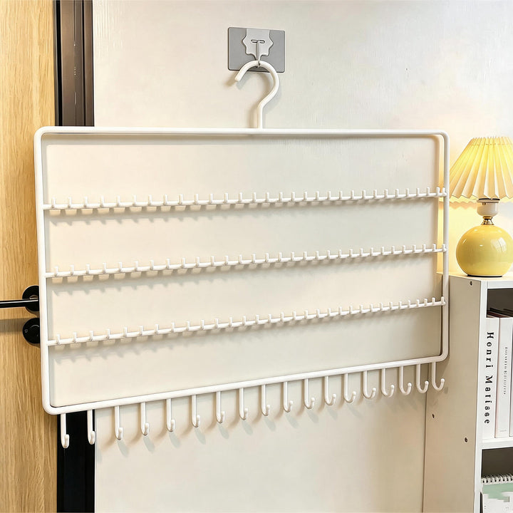 Wall-Mounted Multi-Row Jewelry and Earring Organizer Hanger with Integrated Necklace Hooks
