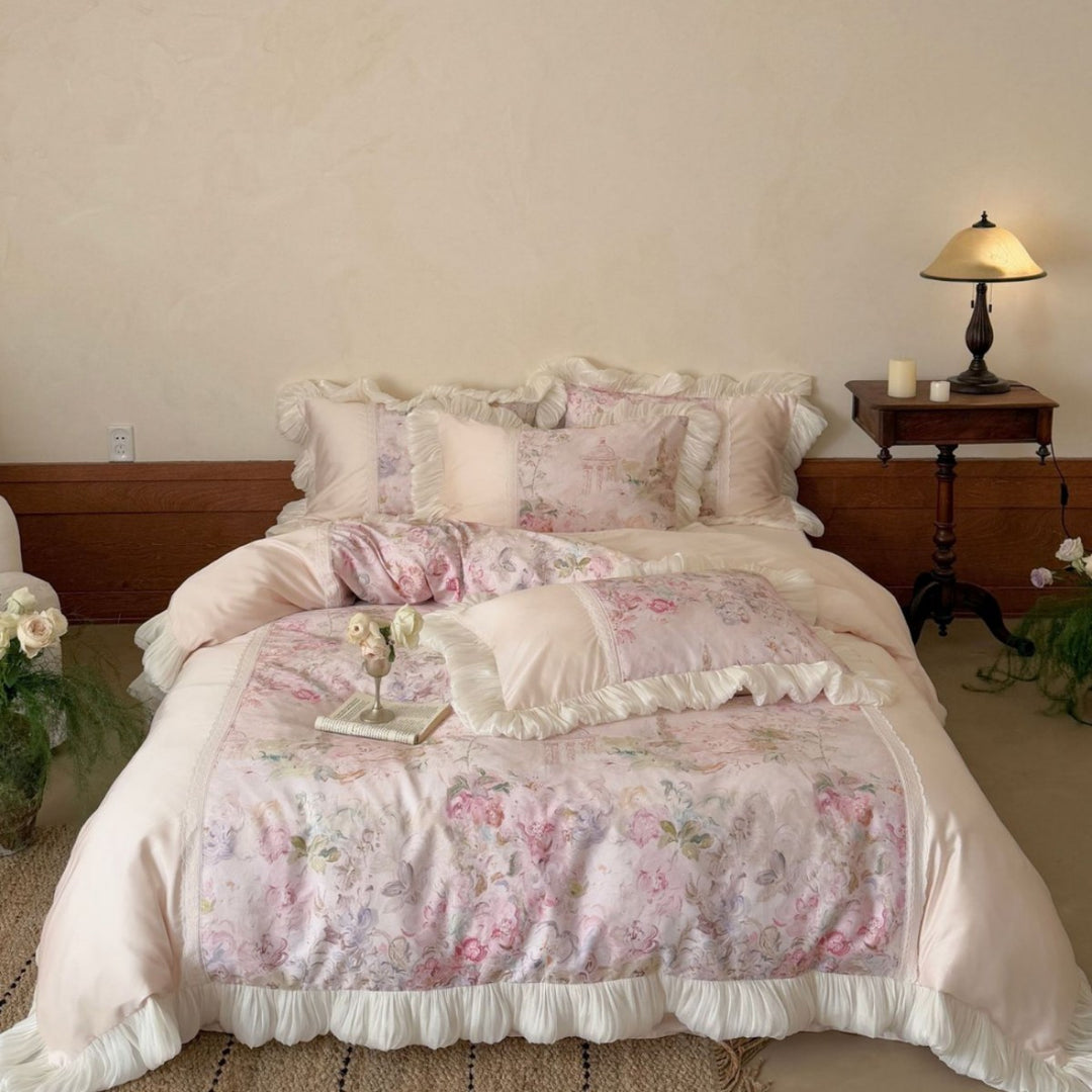 Bedding complete set with ruffle, lace applique, and floral watercolor print