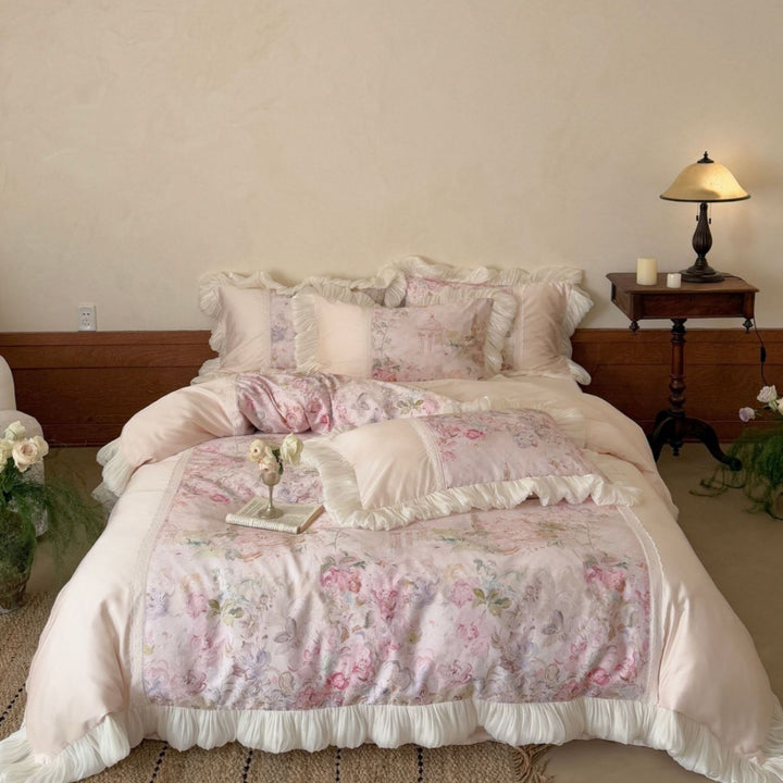 Bedding complete set with ruffle, lace applique, and floral watercolor print