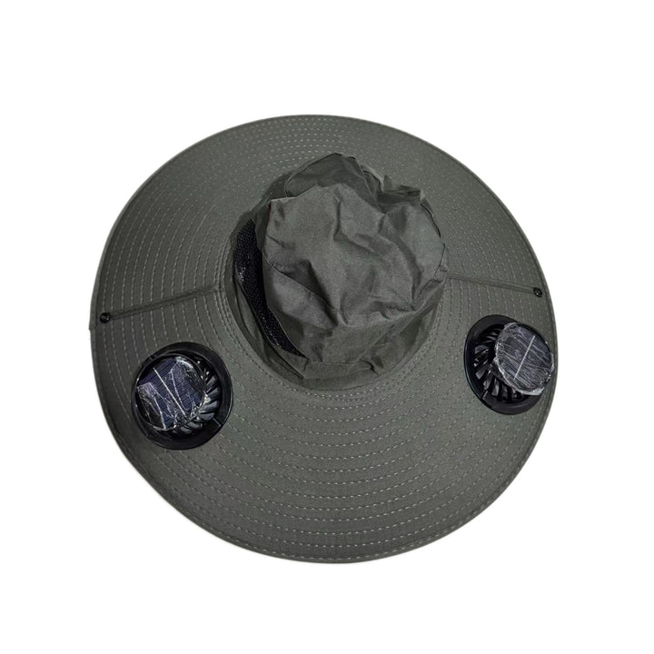 Ventilated sun hat with integrated battery fans, breathable mesh inserts, and adjustable chin strap Stornfield