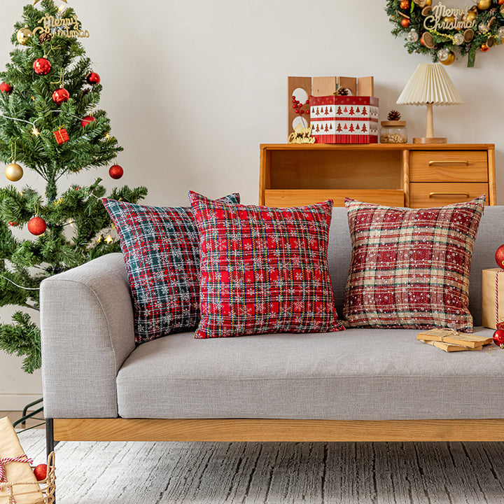 Decorative Holiday Plaid Throw Pillow Cover with Embroidered Snowflake Accents