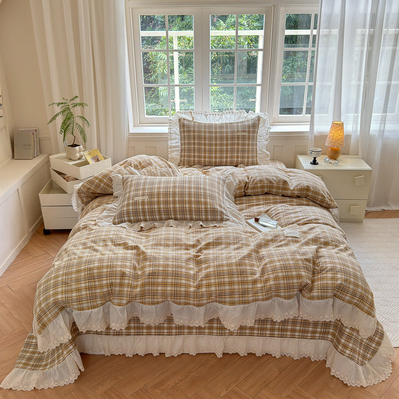 Ruffled Eyelet Lace Striped Cotton Duvet Cover Set with Frilled Pillow Shams