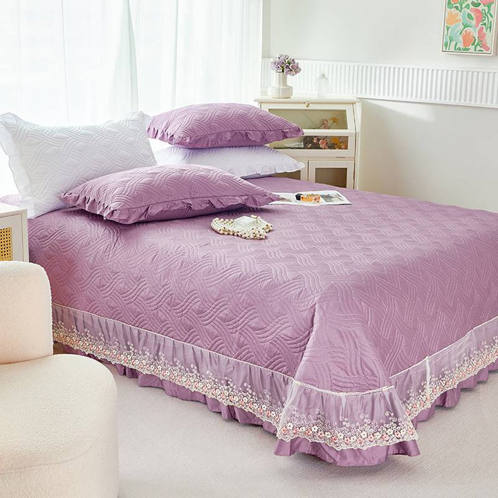 Quilted Ruffled Bedspread Set with Floral Embroidered Skirt and Pillow Shams