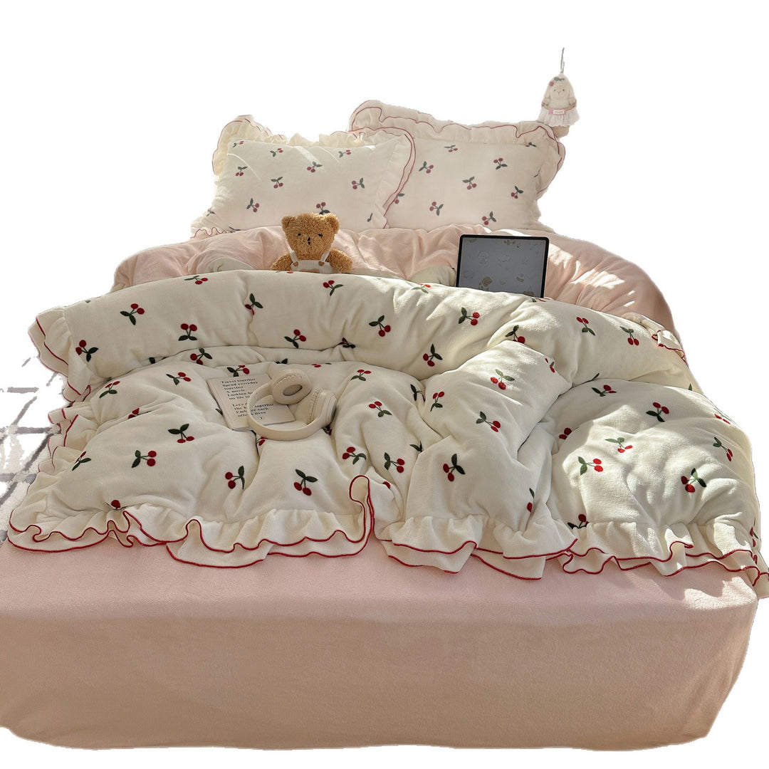 Plush Coral Fleece Heart-Print Oversized Comforter with Ruffle-Edge Pillow Shams