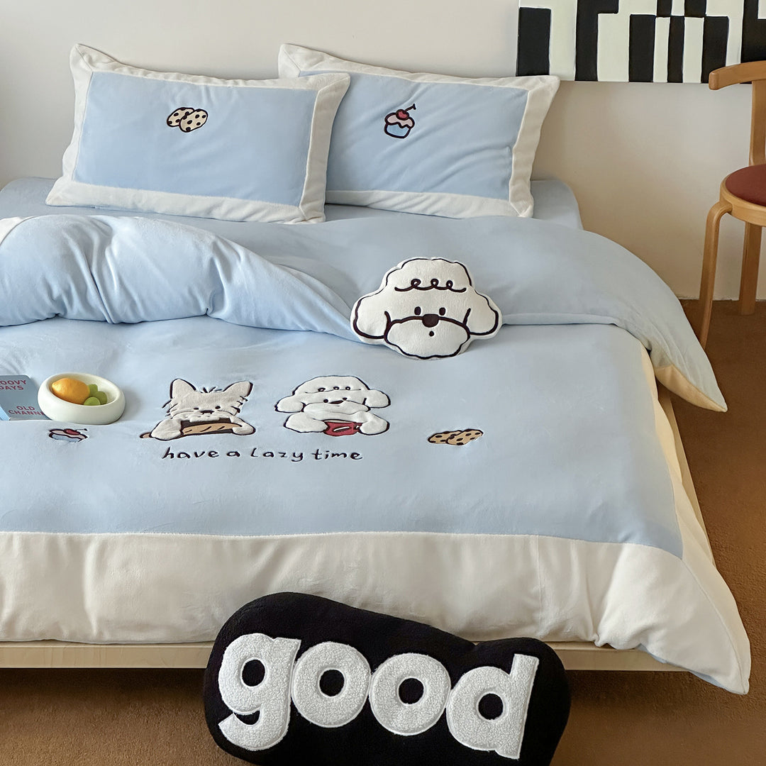 Cozy bedding set with embroidered cartoon dog motifs