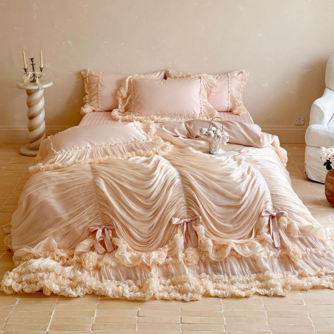 Luxury Ruched Chiffon Ruffled Duvet Cover Set with Bow & Rosette Embellishments