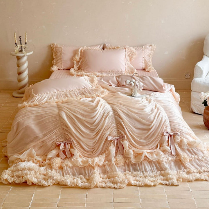 Luxury Ruched Chiffon Ruffled Duvet Cover Set with Bow & Rosette Embellishments