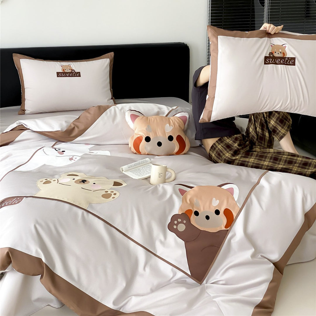 Sateen Cotton Duvet Cover Set with Cute Animal Appliqué