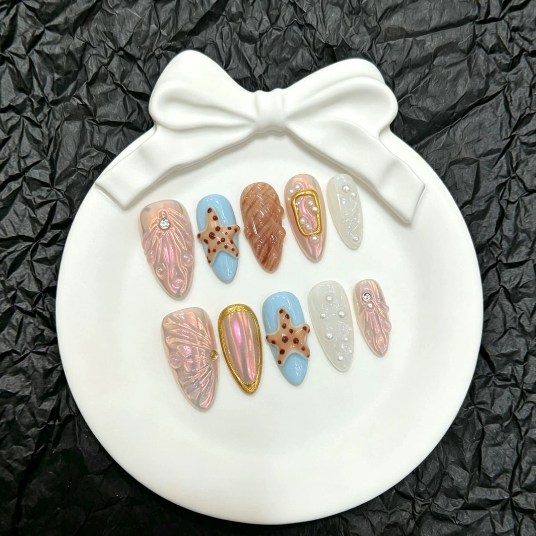 Decorative Press-On Nail Art Set with Unique Marine-Themed Designs
