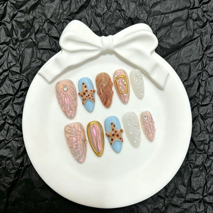Decorative Press-On Nail Art Set with Unique Marine-Themed Designs