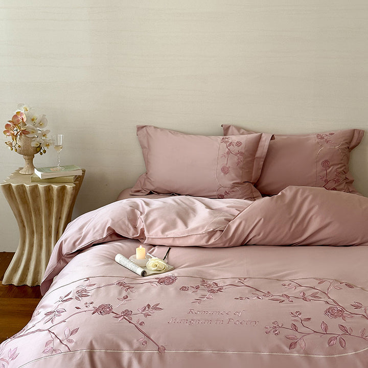 Silky Cotton-Sateen Embroidered Botanical Duvet Cover Set with Reversible Liner & Pillow Shams