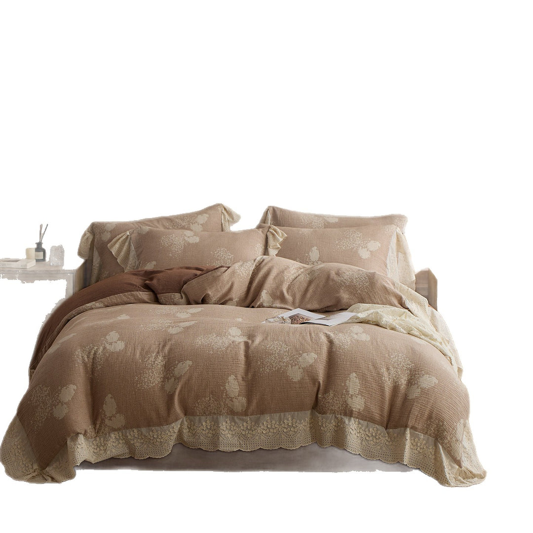 Ruffled Lace-Trim Reversible Duvet Cover Set with Tied Pillow Shams