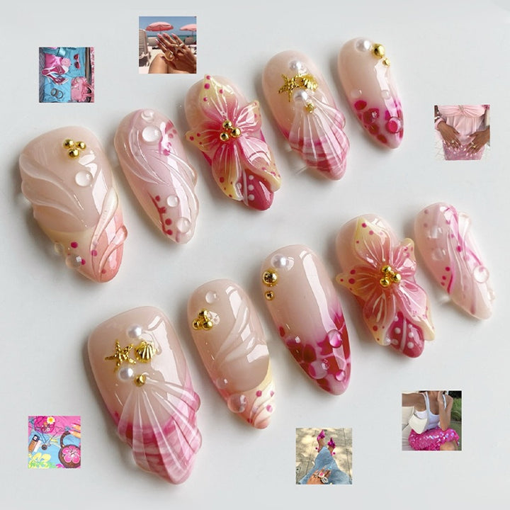 Creative nail art set with romantic flower pattern and sparkling accents Stornfield