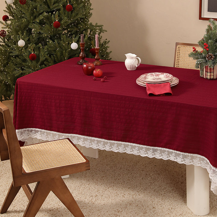 Rectangular festive tablecloth with lace border and fine waffle texture Stornfield