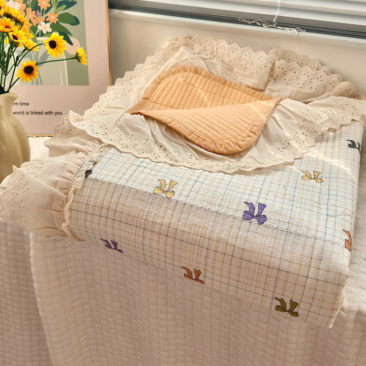 Quilted Floral Reversible Throw Blanket with Eyelet Lace Ruffle
