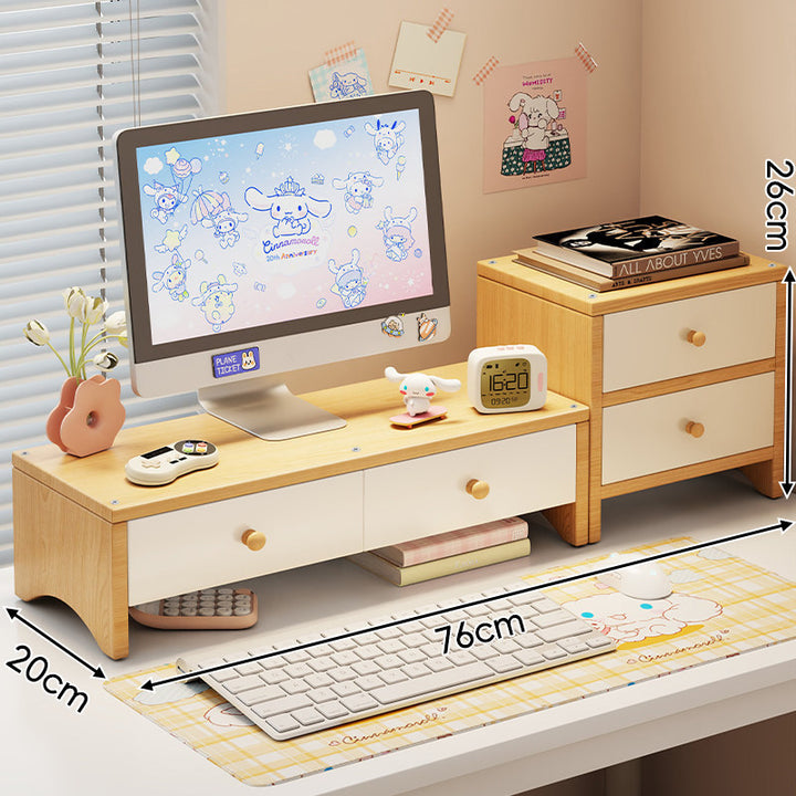 Wooden Dual-Drawer Monitor Riser Desk Organizer