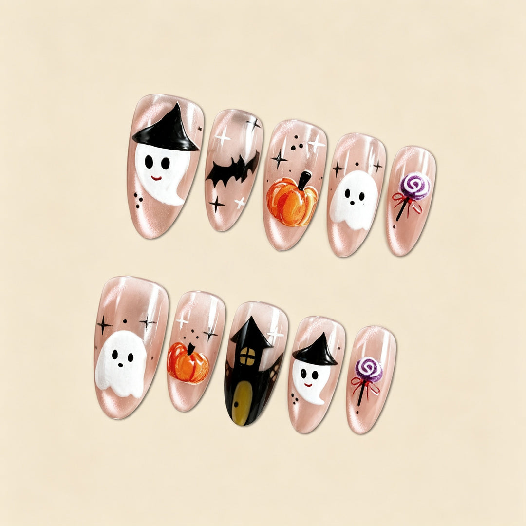 Artificial nail set with cheerful Halloween motif and artistic designs Stornfield