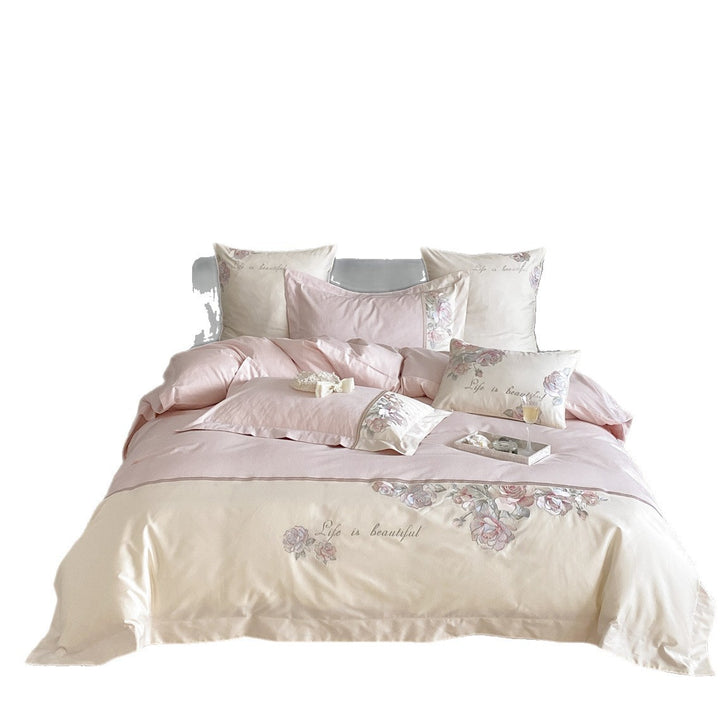 Floral Embroidered Sateen Duvet Cover Set with Watercolor Rose Border