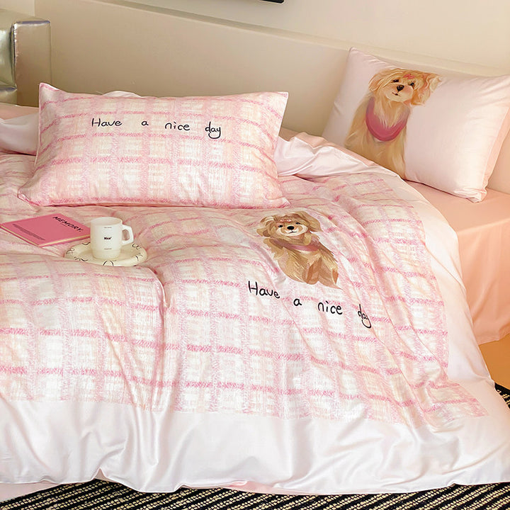 Playful Pink Plaid Cotton Sateen Duvet Cover Set with Cute Dog Print & Reversible Silky Finish