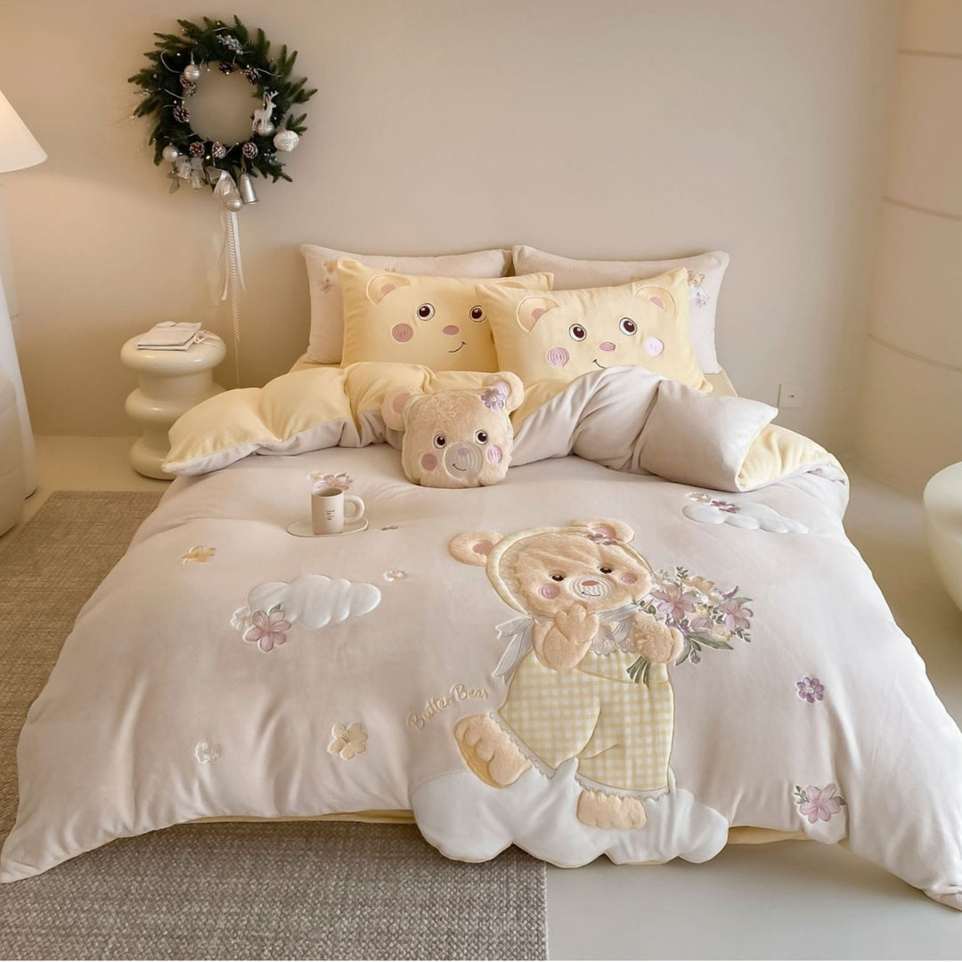 Embroidered Plush Teddy Duvet Cover Set