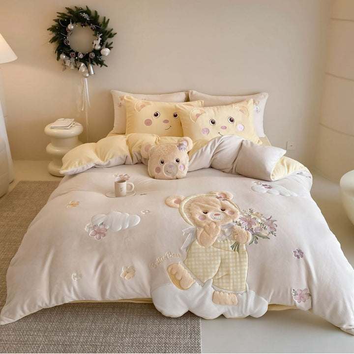 Embroidered Plush Teddy Duvet Cover Set