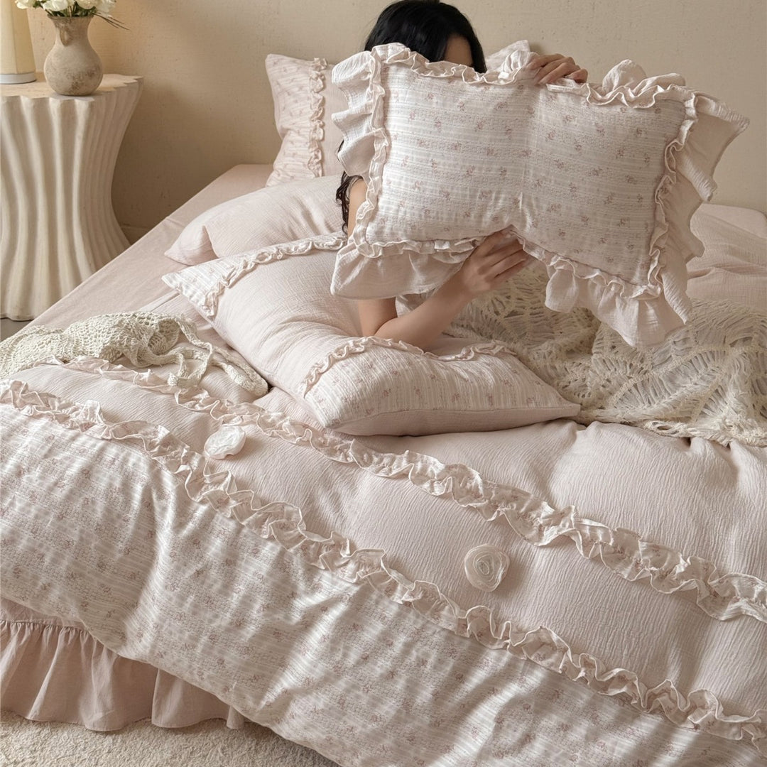 Ruffled Floral Cotton Muslin Duvet Cover Set with Decorative Pillow Shams