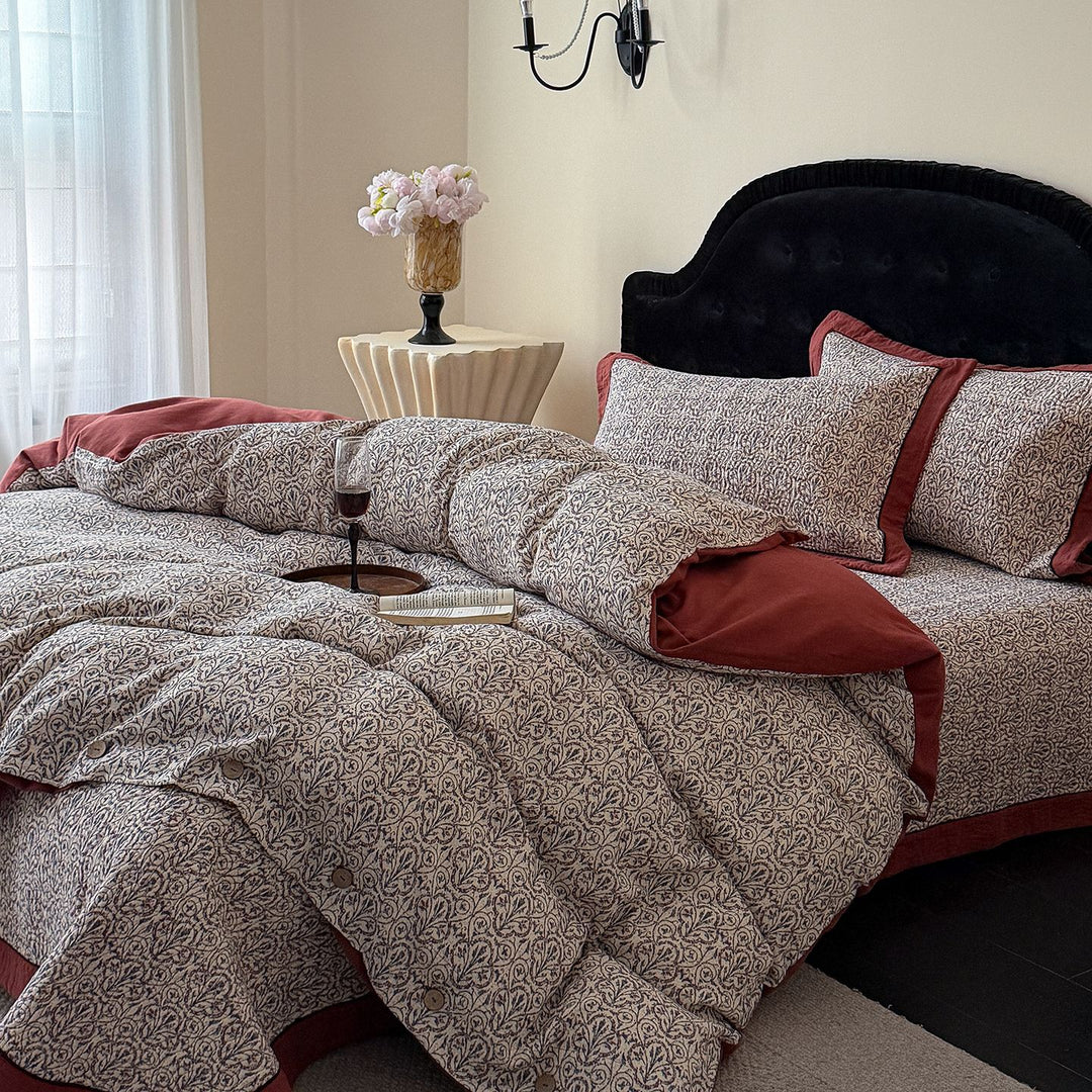 Patterned Quilted Reversible Duvet Cover Set with Button Closure and Piped Edge