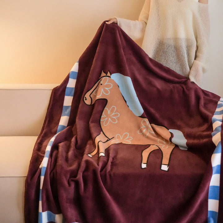 Plush Microfleece Throw Blanket with Carousel Horse Print and Whipstitch Edge