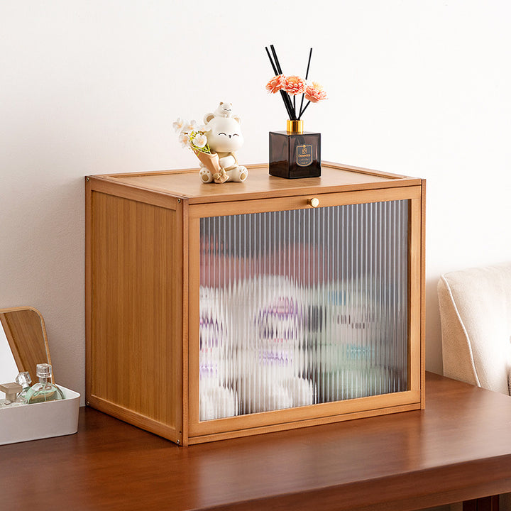 Storage cabinet with transparent doors and stylish bamboo design Stornfield