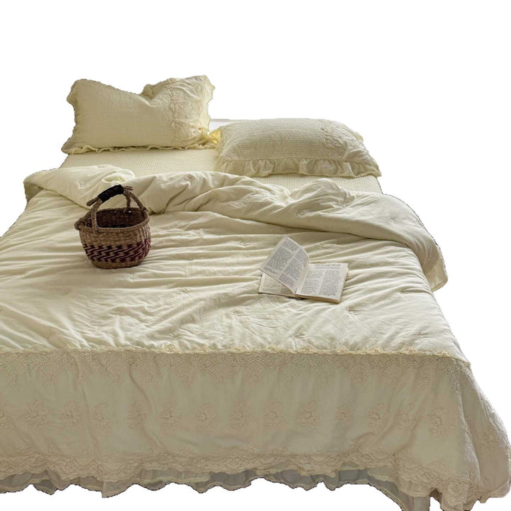 Ruffled Embroidered Cotton Duvet Cover Set with Lace Trim