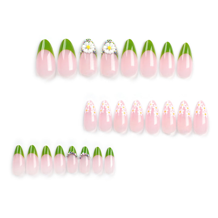 Artificial nails with floral accents and green French tip Stornfield
