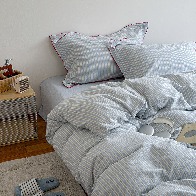 Striped Cotton-Linen Duvet Cover and Pillowcase Set with Brushed Soft Breathable Weave