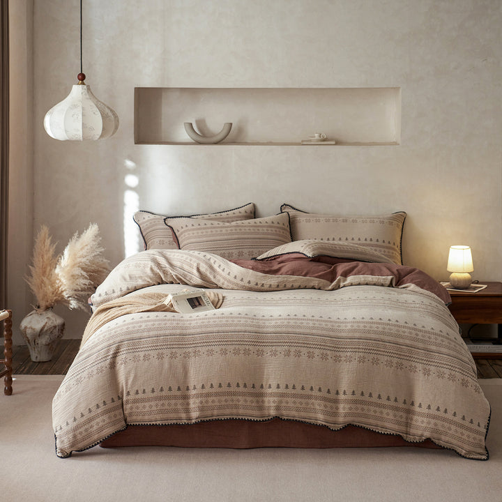 Nordic-Pattern Woven Cotton Duvet Cover and Pillow Sham Set