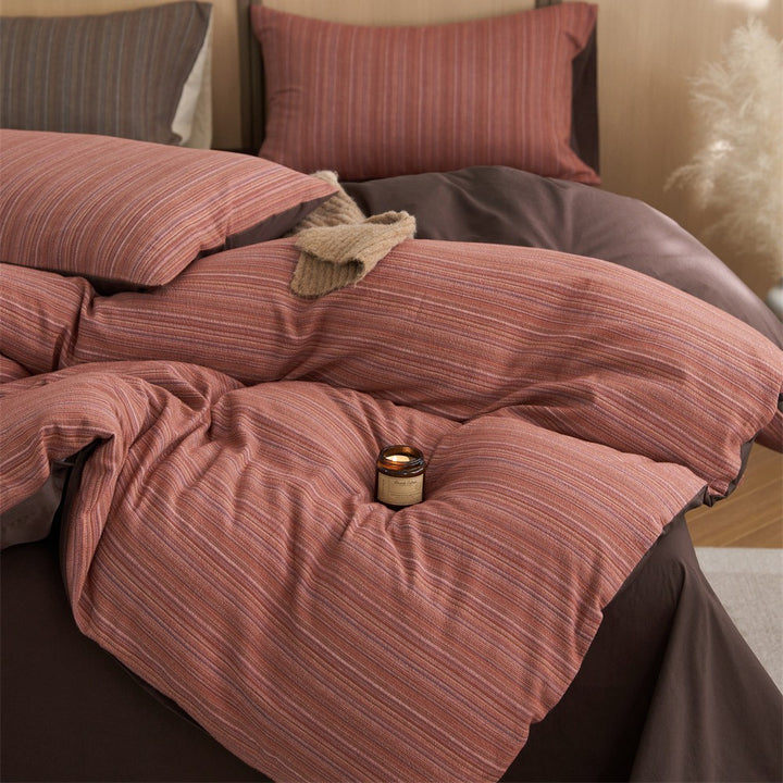 Finely striped cotton satin bedding set with reversible function and extra soft feel