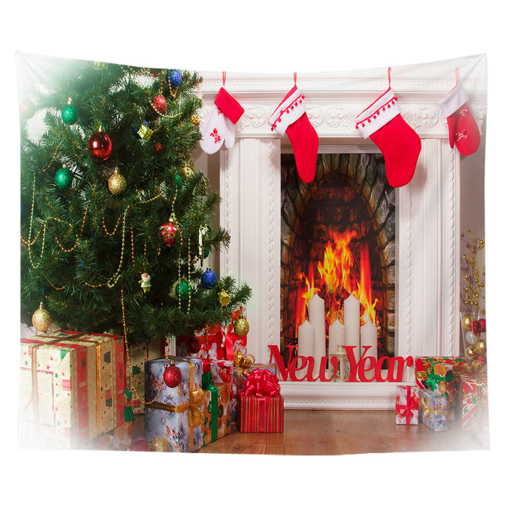 Lightweight Polyester Christmas Fireplace Scene Wall Tapestry Home Decor