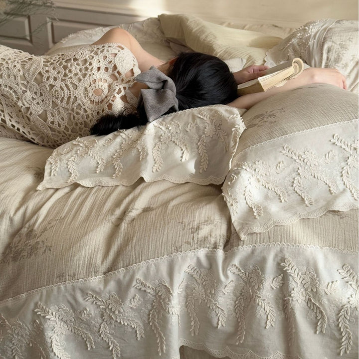 Vintage Floral Embroidered Ruffled Duvet Cover Set