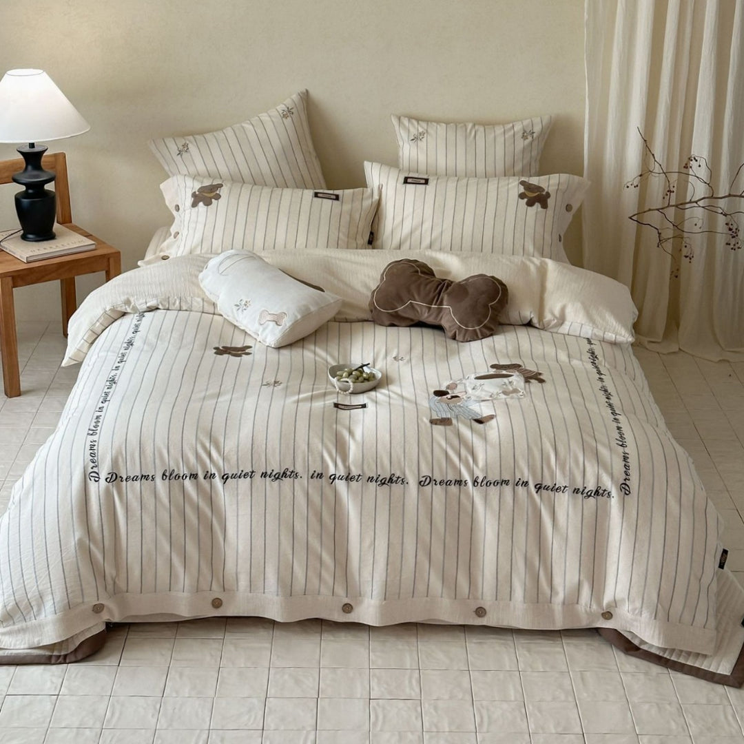 Embroidered Cotton-Linen Duvet Cover Set with Playful Cat and Rose Motif