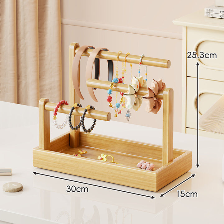 Multi-Level Wooden Jewelry Organizer Stand with Tray and Rod Display