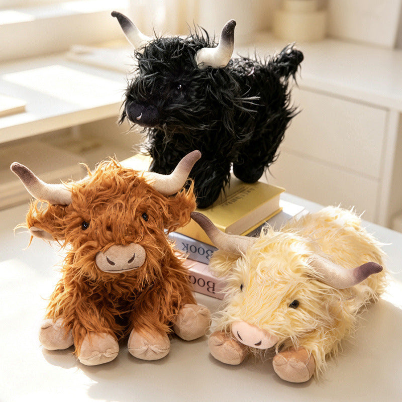 Plush Highland Calf Collectible Soft Toy with Curly Faux-Fur and Poseable Horns Stornfield