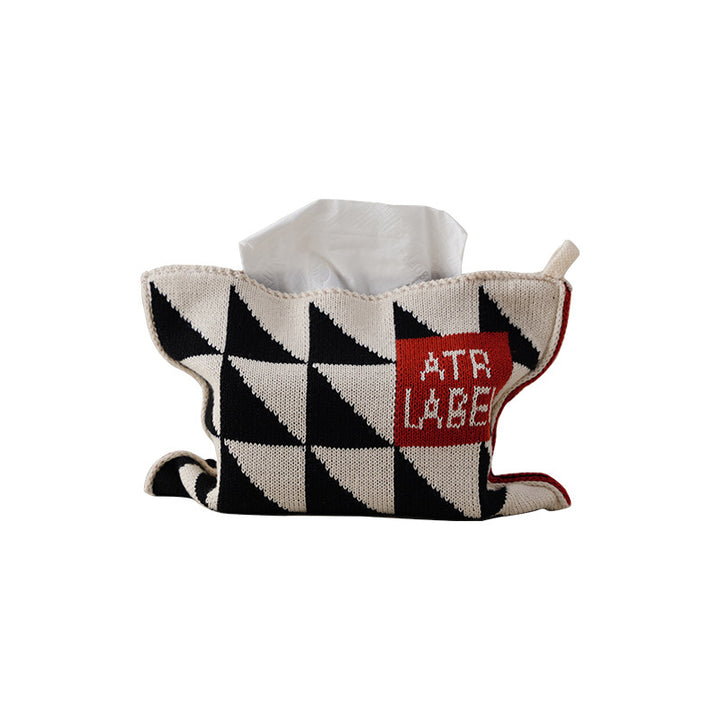 Knitted tissue box cover with geometric wave pattern