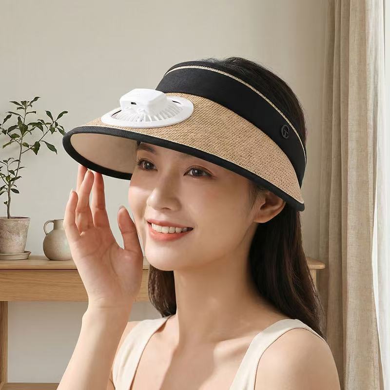 Air-cooled straw hat with detachable battery fan and elastic headband Stornfield