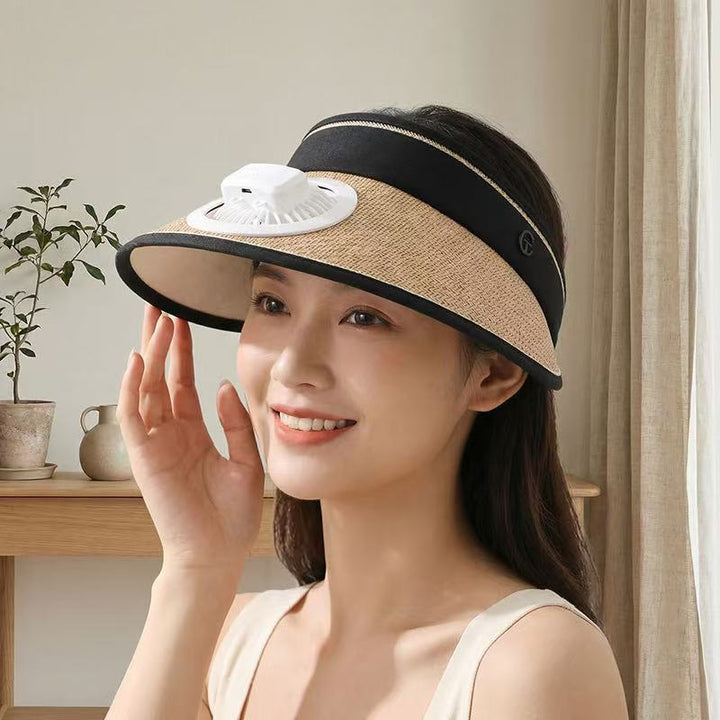 Air-cooled straw hat with detachable battery fan and elastic headband Stornfield