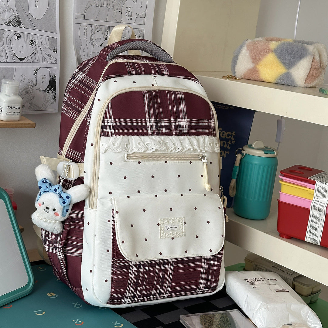 Plaid Patterned School Backpack with Cute Bunny Keychain Stornfield