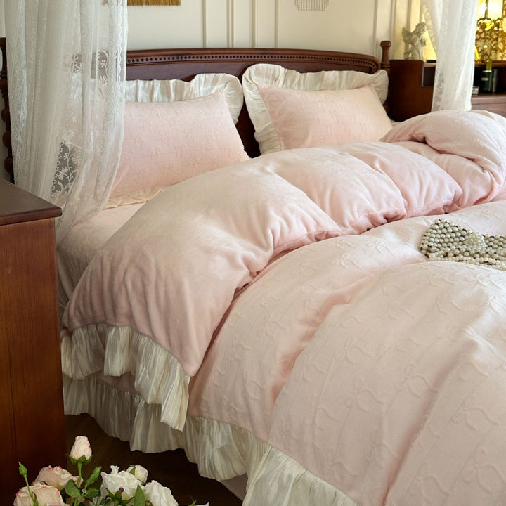 Embroidered Plush Velvet Ruffled Duvet Cover Set with Pleated Skirt