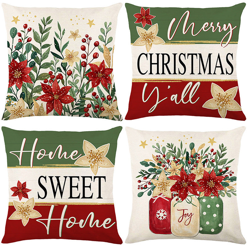 Holiday Cotton-Linen Square Throw Pillow Cover with 'Merry Christmas Y'all' Script and Gold Poinsettia Accents