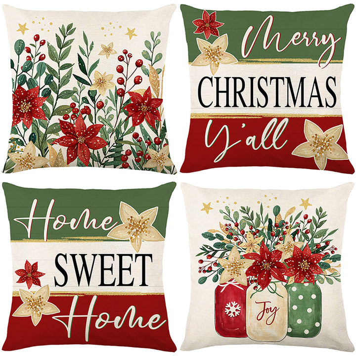 Holiday Cotton-Linen Square Throw Pillow Cover with 'Merry Christmas Y'all' Script and Gold Poinsettia Accents