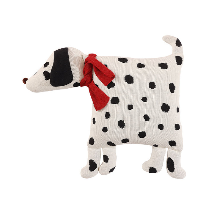Decorative knitted cuddle pillow in the shape of a dog with a quilted body and bow detail Stornfield