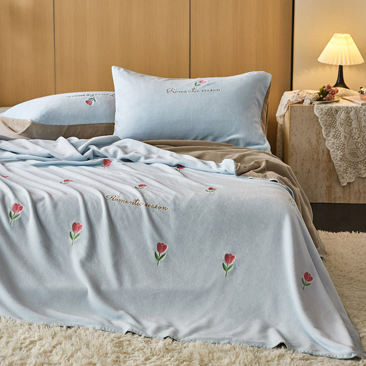 Plush Embroidered Tulip Velvet Bedspread and Matching Pillowcase Set
